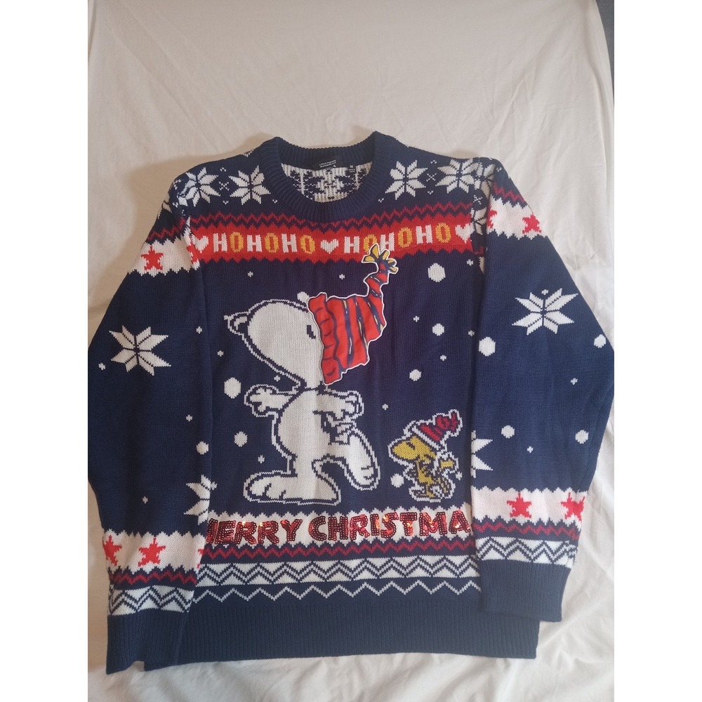 Peanuts Snoopy Ugly Christmas Sweater‎ Mens Large Blue Size Medium